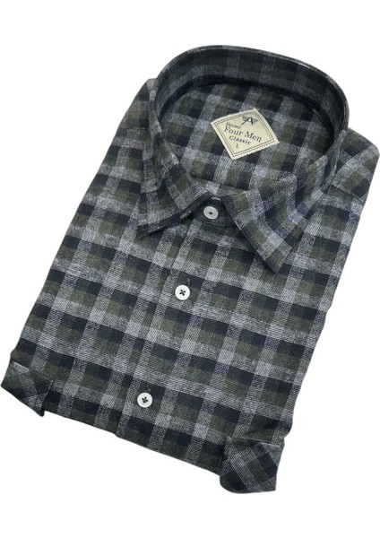 Iki Cepli Kapaklı Klasik %100 Cotton Uzun Kollu Terletmeyen Kışlık Flanel Kumaş Koyu Haki Gömlek (Regular Kalıp) fiyatları