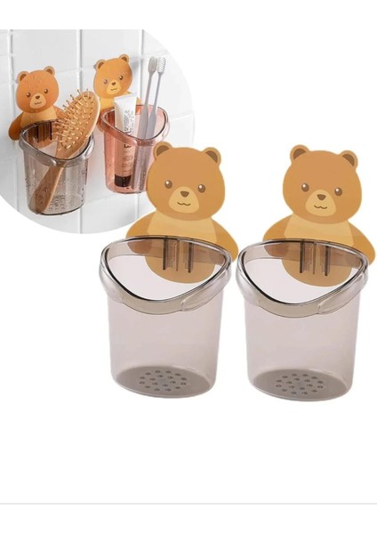 2 Adet Ayı Figürlü Diş Fırçalık Organizer ve Askılık Ayıcık Diş Fırçalığı