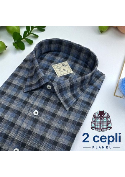 Iki Cepli Kapaklı Klasik %100 Cotton Uzun Kollu Terletmeyen Kışlık Flanel Kumaş Indigo Mavi Gömlek (Regular Kalıp)