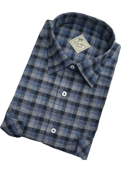 Iki Cepli Kapaklı Klasik %100 Cotton Uzun Kollu Terletmeyen Kışlık Flanel Kumaş Indigo Mavi Gömlek (Regular Kalıp) fiyatları