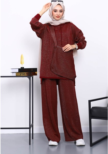 Bordo Çantalı Simli Tunik Pantolonlu Triko Takım