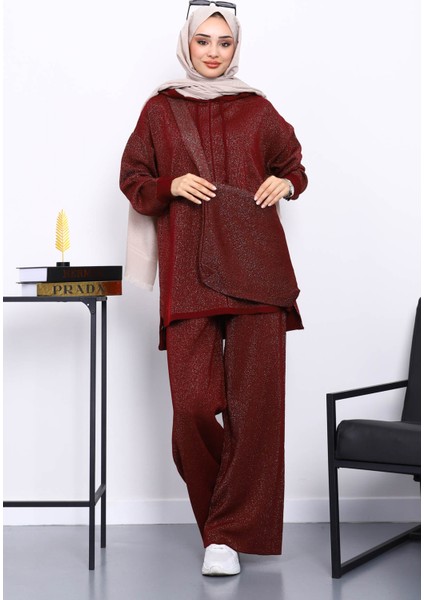 Bordo Çantalı Simli Tunik Pantolonlu Triko Takım fiyatları