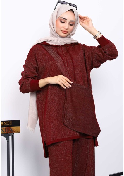 Bordo Çantalı Simli Tunik Pantolonlu Triko Takım modelleri