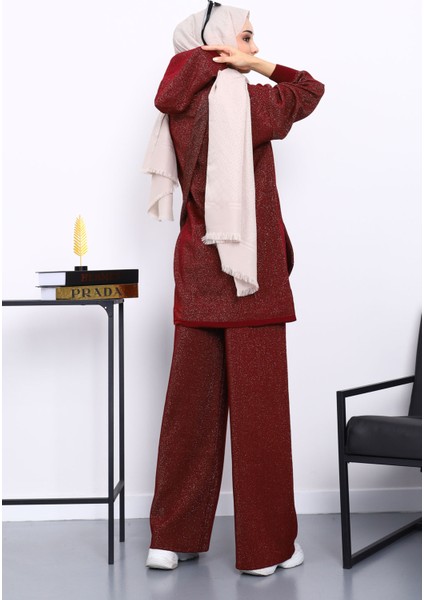 Bordo Çantalı Simli Tunik Pantolonlu Triko Takım fırsatları