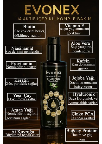 Evonex 14 Aktif Kompleksli Dökülme Karşıtı Bitkisel Şampuan– SLS/SLES, Paraben, Silikon, Tuz İçermez