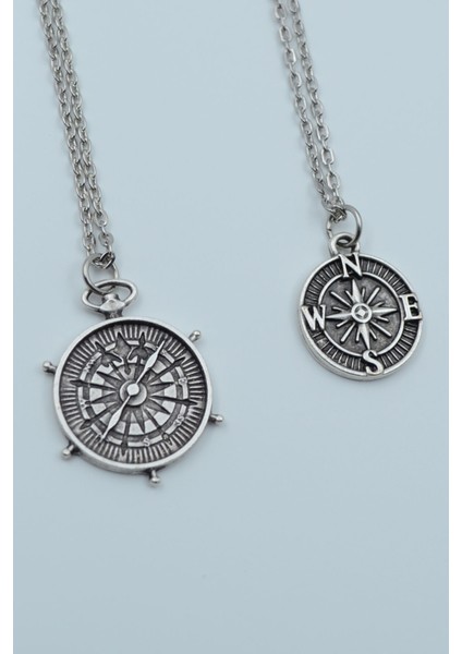 2'li Antik Pusula Minimal Pusula Gümüş Kaplama Kolye Seti