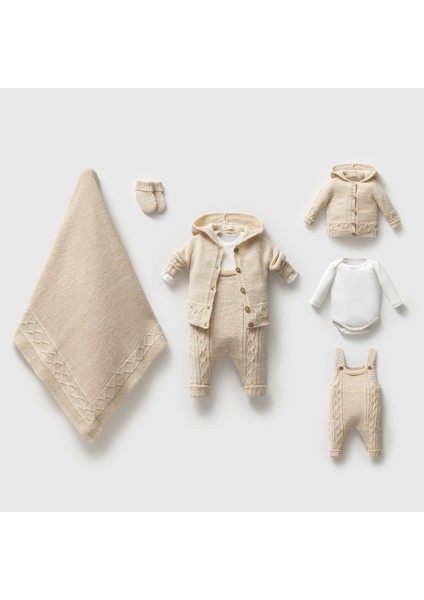 8351N Bebek Triko Baklava Desen Salopetli 5'li Kutulu Naturel Hastane Çıkış Seti