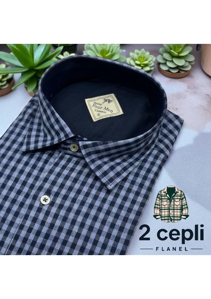 Iki Cepli Kapaklı Klasik %100 Cotton Uzun Kollu Terletmeyen Kışlık Flanel Kumaş Indigo Mavi Gömlek (Regular Kalıp)