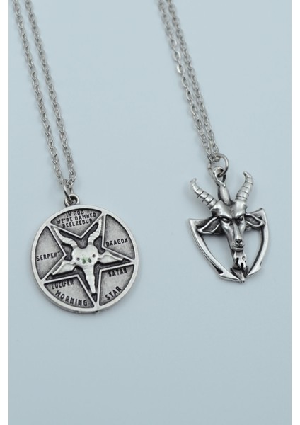 2'li Lucifer Morning Star Pagan - Keçi Şeytan Gümüş Kaplama Kolye Seti