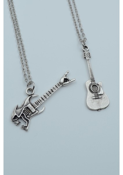 2'li Kuru Kafa Elektro Gitar Akustik Klasik Gitar Gümüş Kaplama Kolye Seti