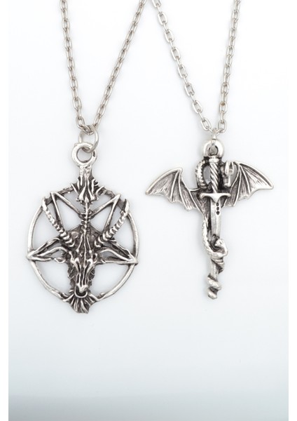 2'li Ters Pentagram Keçi Kafası - Yılan Ejderha Gümüş Kaplama Kolye Seti