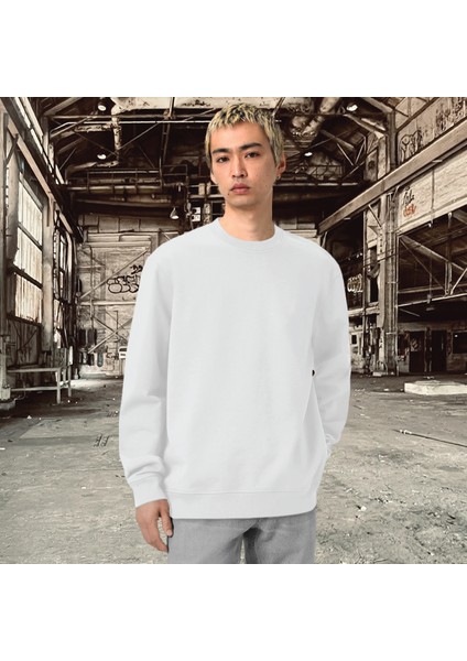 Unisex Şardonlu Relaxed Fit Oversize Sweatshirt Beyaz