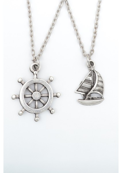 2'li Dümen - Yelkenli Gemi Gümüş Kaplama Kolye Seti