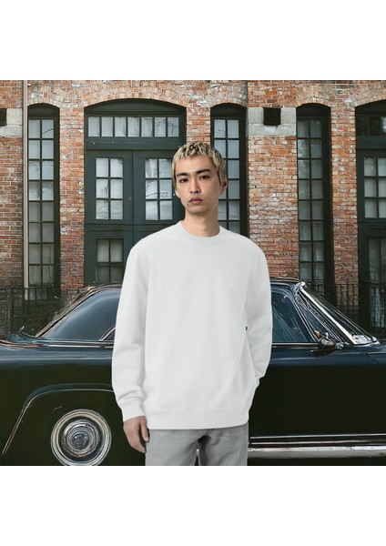 Unisex Şardonlu Relaxed Fit Oversize Sweatshirt Beyaz
