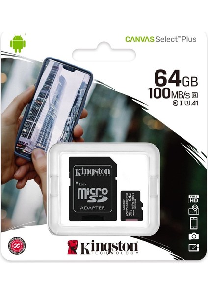 Kıngston SDCS2/64GB, Canvas, CL10, 100MB/S, Microsd Kart Bellek (Sd Adaptörlü)
