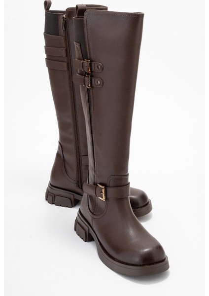 Sıa Kahverengi Cilt Kemerli Streç Detaylı Kadın Düz Çizme