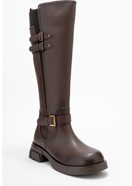 Sıa Kahverengi Cilt Kemerli Streç Detaylı Kadın Düz Çizme modelleri