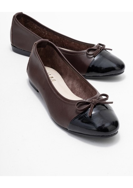 Jens Kahverengi-Siyah Rugan Hakiki Deri Fiyonklu Kadın Babet Ayakkabı