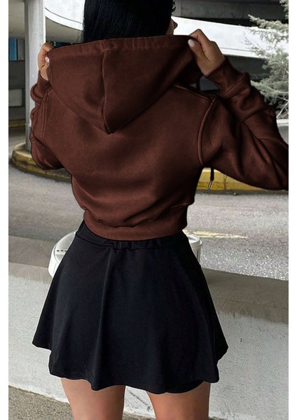 Kadın Pamuklu Crop Model Kanguru Cepli Kapüşonlu Crop Spor Sweatshirt fiyatları