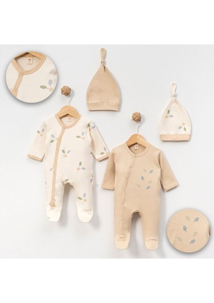 4945MS Bebek Yaprak Baskılı Şapkalı 2'li Tulum