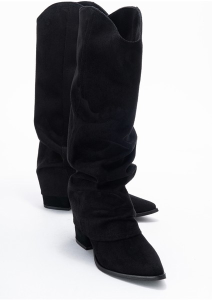 Elarıs Siyah Süet Körüklü Kadın Kalın Topuklu Çizme