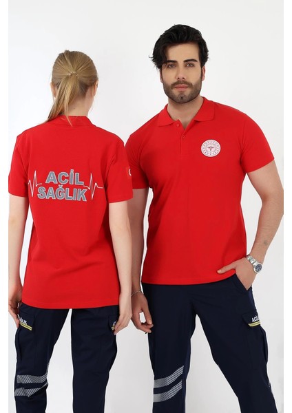 Acil Sağlık Yakalı Tshirt Kısa Kol Nakışlı - Kırmızı