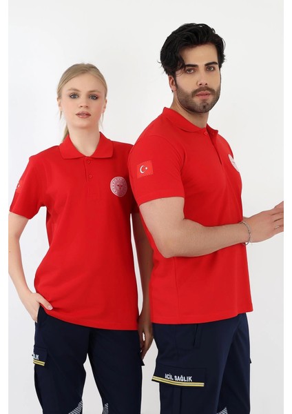 Acil Sağlık Yakalı Tshirt Kısa Kol Nakışlı - Kırmızı fiyatları