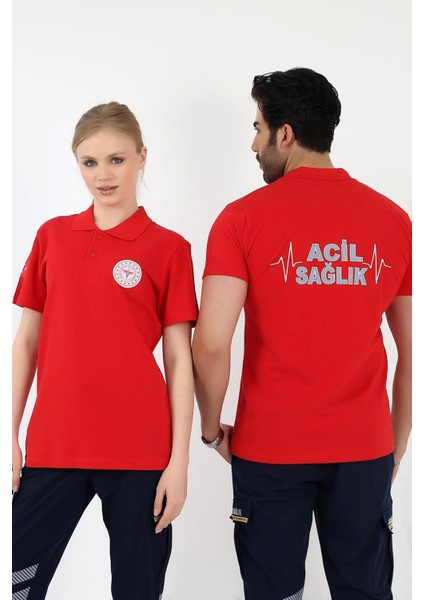 Acil Sağlık Yakalı Tshirt Kısa Kol Nakışlı - Kırmızı fırsatları