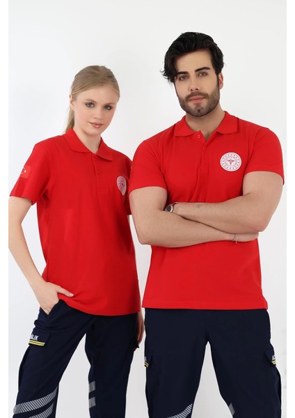Acil Sağlık Yakalı Tshirt Kısa Kol Nakışlı - Kırmızı indirimleri