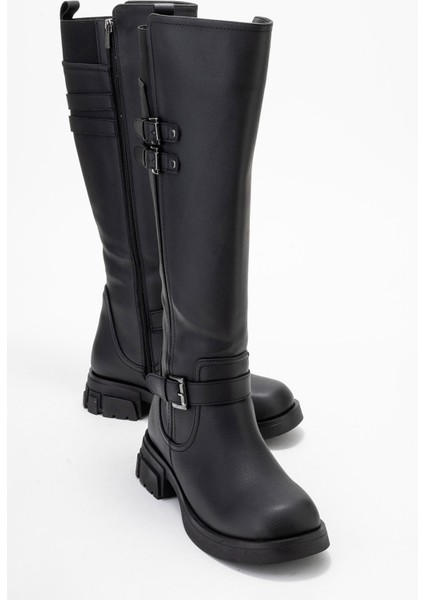 Sıa Siyah Cilt Kemerli Streç Detaylı Kadın Düz Çizme