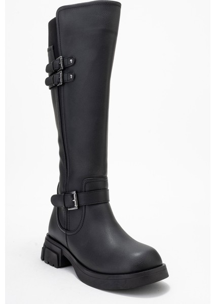 Sıa Siyah Cilt Kemerli Streç Detaylı Kadın Düz Çizme modelleri