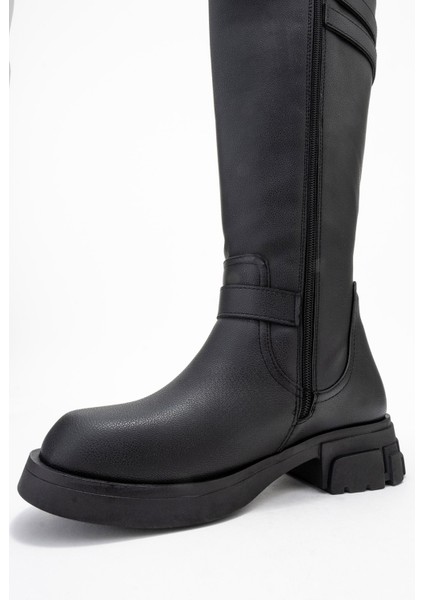 Sıa Siyah Cilt Kemerli Streç Detaylı Kadın Düz Çizme fırsatları