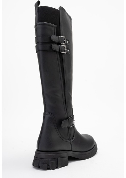 Sıa Siyah Cilt Kemerli Streç Detaylı Kadın Düz Çizme indirimleri