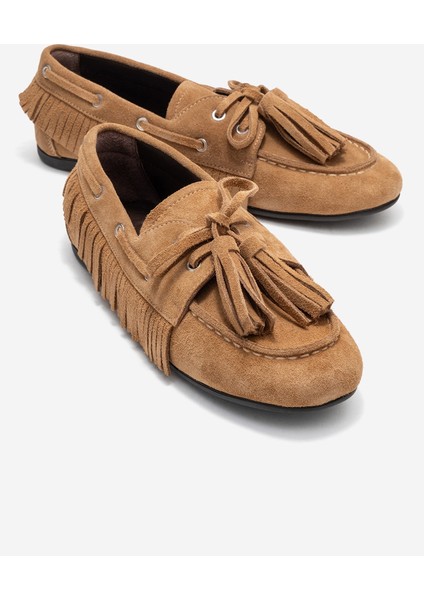 Fenora Toprak Süet Hakiki Deri Saçaklı Püsküllü Kadın Loafer Ayakkabı