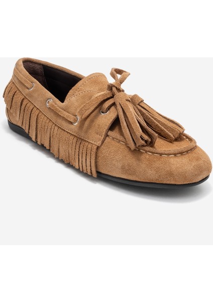 Fenora Toprak Süet Hakiki Deri Saçaklı Püsküllü Kadın Loafer Ayakkabı modelleri