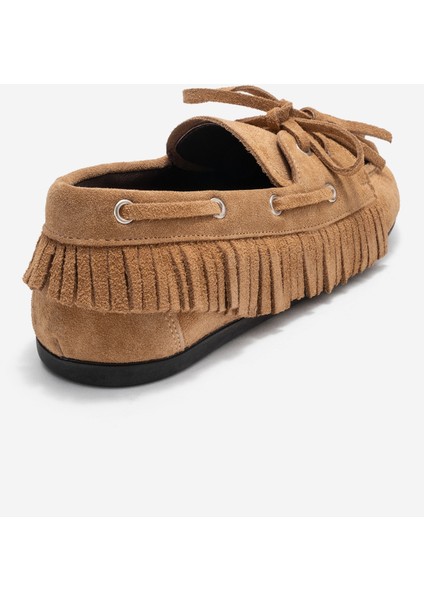 Fenora Toprak Süet Hakiki Deri Saçaklı Püsküllü Kadın Loafer Ayakkabı indirimleri