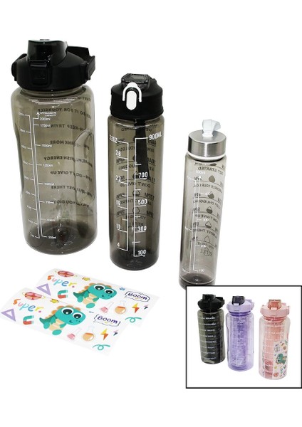 3 Boy Yavrulu Şeffaf Pipetli Renkli Suluk Matara (5148)