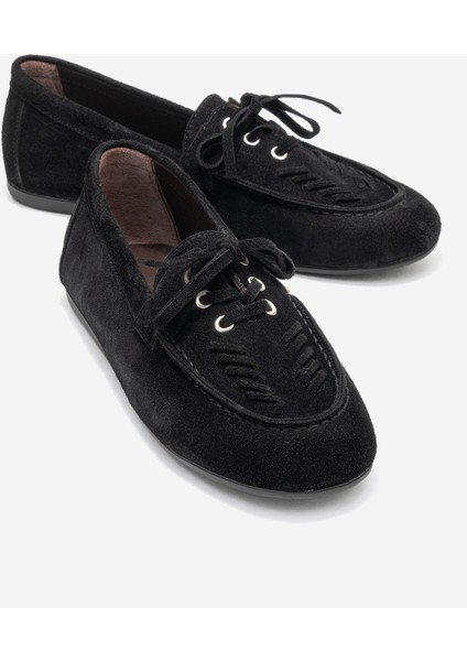Lorven Siyah Süet Hakiki Deri Bağcıklı Kadın Loafer Ayakkabı