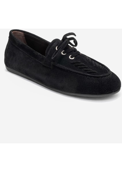 Lorven Siyah Süet Hakiki Deri Bağcıklı Kadın Loafer Ayakkabı modelleri