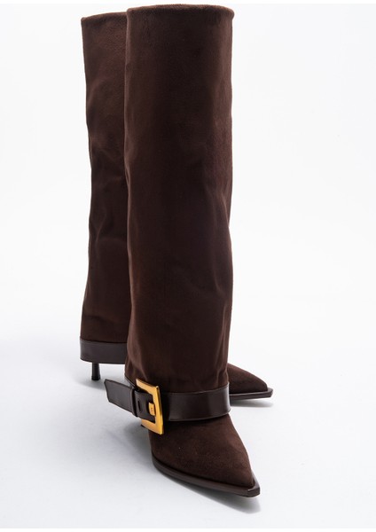 Elva Kahverengi Süet Kemer Tokalı Kadın Ince Topuklu Çizme