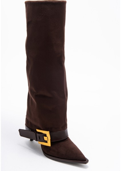 Elva Kahverengi Süet Kemer Tokalı Kadın Ince Topuklu Çizme modelleri