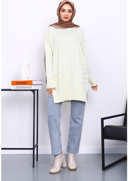 Krem Kazayağı Desenli Soğuk Iplik Triko Tunik fiyatları