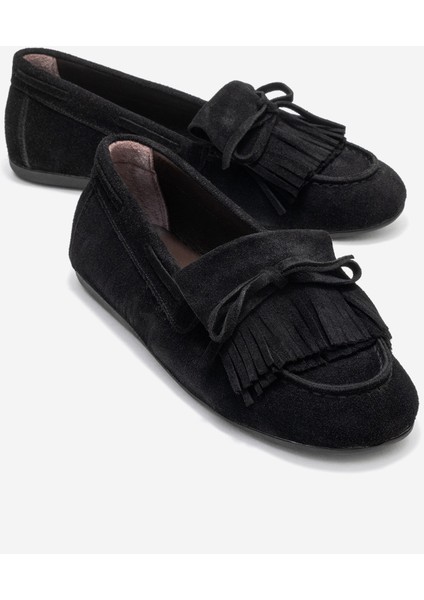 Axelı Siyah Süet Hakiki Deri Fiyonklu Saçaklı Kadın Loafer Ayakkabı