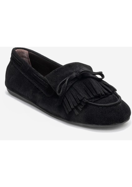 Axelı Siyah Süet Hakiki Deri Fiyonklu Saçaklı Kadın Loafer Ayakkabı modelleri