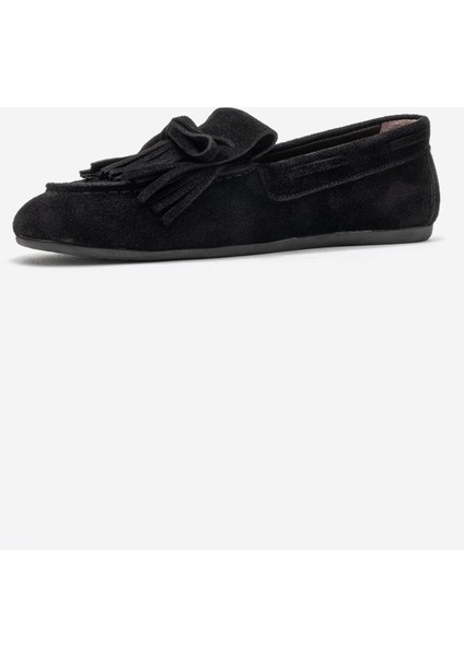 Axelı Siyah Süet Hakiki Deri Fiyonklu Saçaklı Kadın Loafer Ayakkabı fırsatları