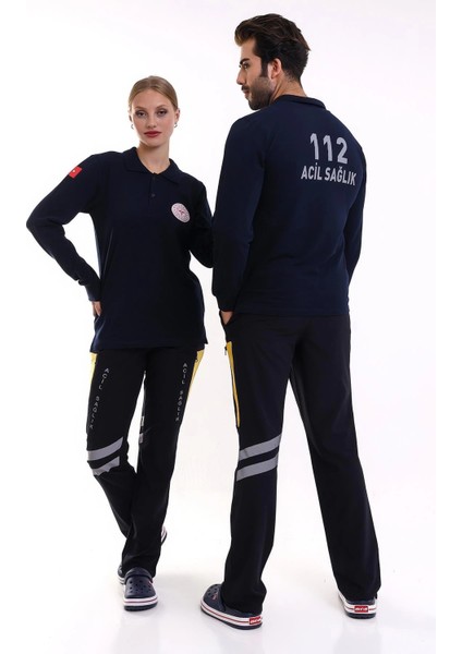 112 Acil Sağlık Yakalı Tshirt Uzun Kol Baskılı - Lacivert