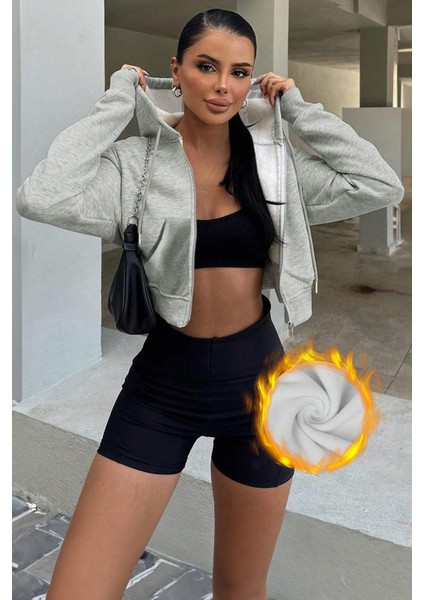 Kadın Pamuklu Crop Model Kanguru Cepli Kapüşonlu Crop Spor Sweatshirt