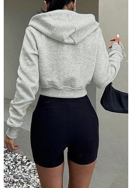 Kadın Pamuklu Crop Model Kanguru Cepli Kapüşonlu Crop Spor Sweatshirt fiyatları