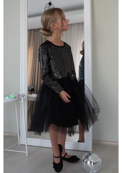 Kız Çocuk Uzun Kollu Elbise Kadife Pullu 5-10 Yaş, Siyah