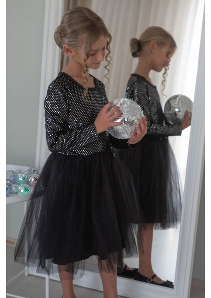 Kız Çocuk Uzun Kollu Elbise Kadife Pullu 5-10 Yaş, Siyah fiyatları